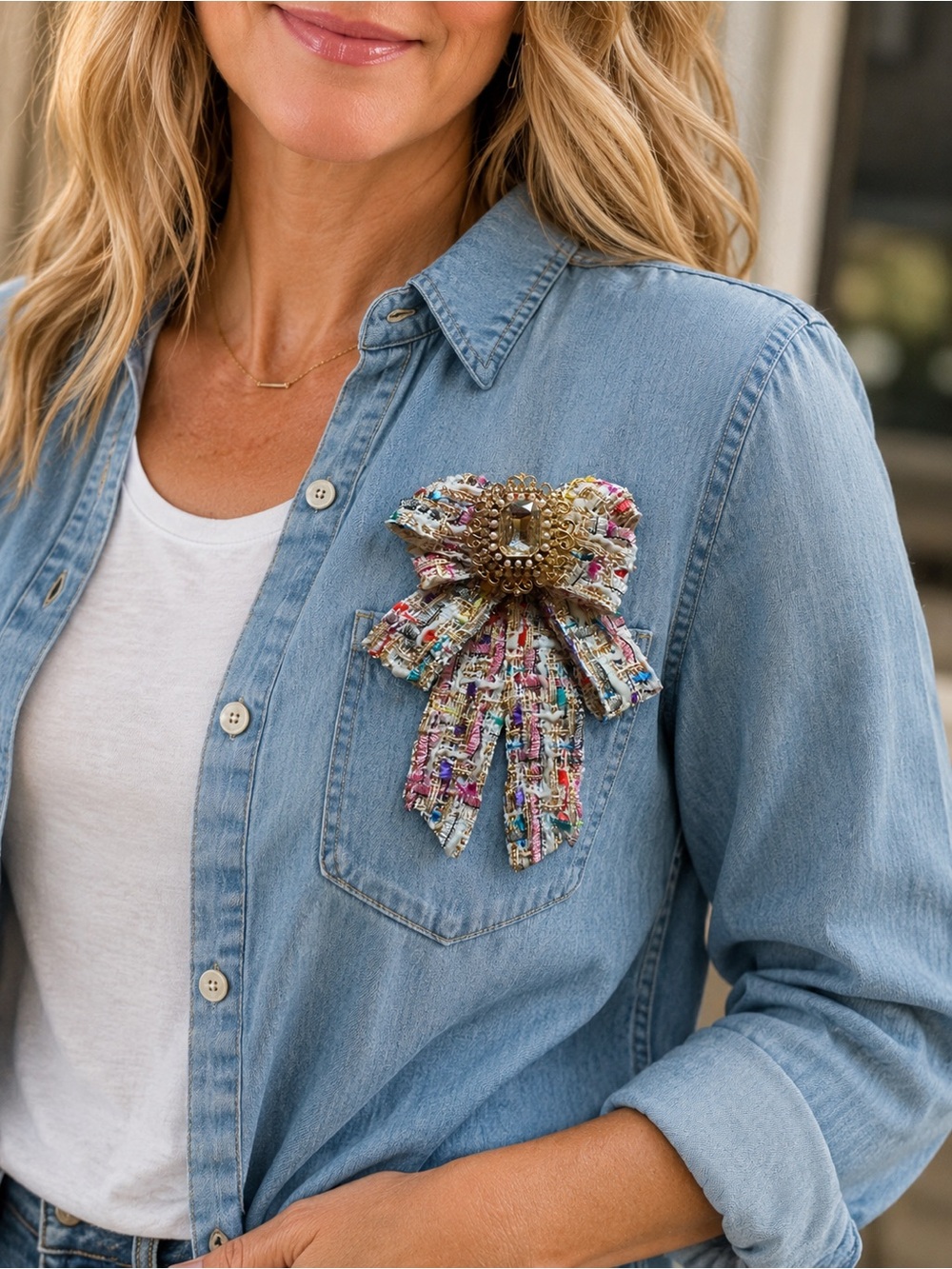♥️ BOUTIQUE BRAND Multicolor Tweed Bow Brooch with Crystal Accent